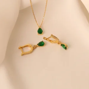 Emerald Bridal Jewelry Set – Gold Pave Necklace & Matching Earrings